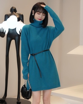 Wool high collar with belt long dress