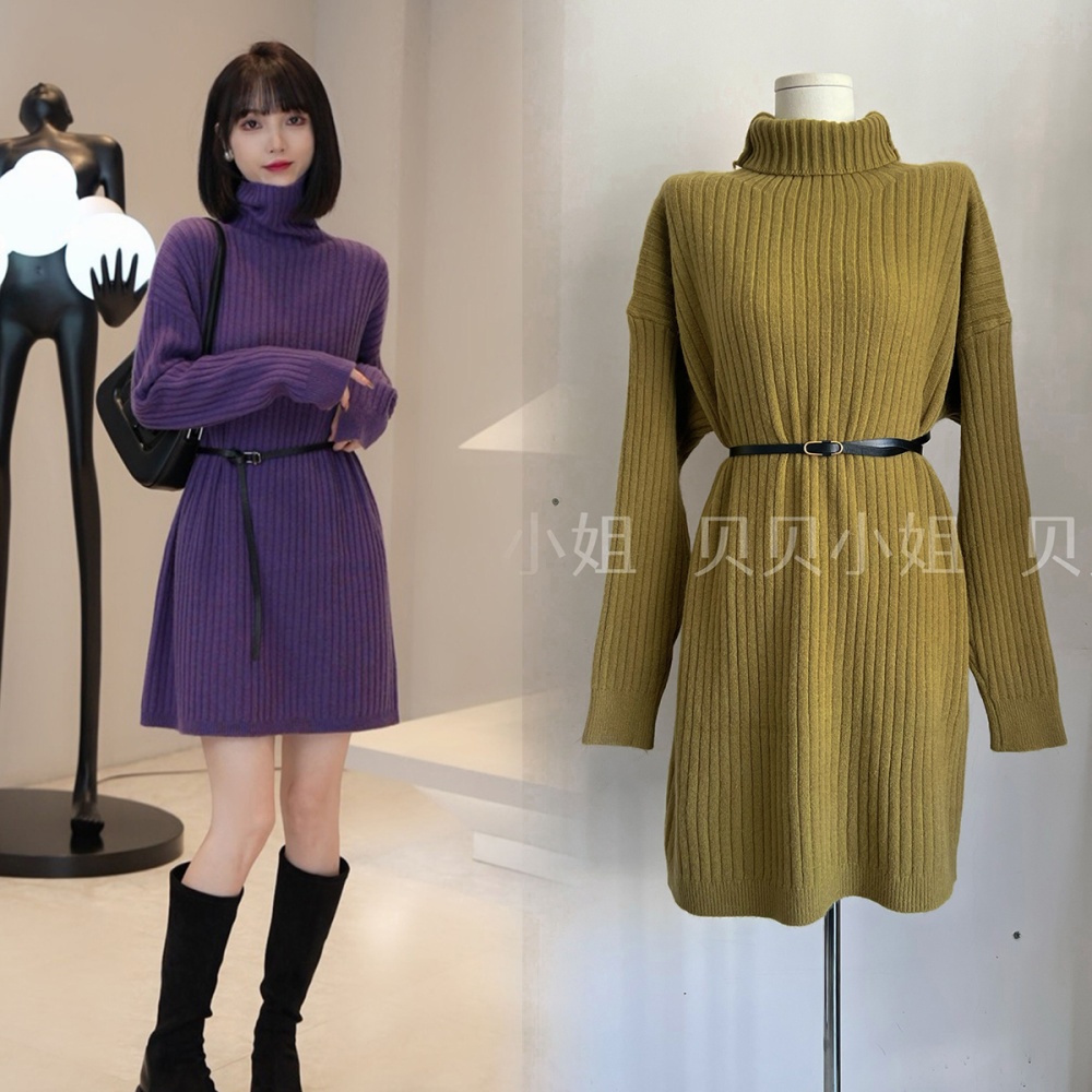 Wool high collar with belt long dress