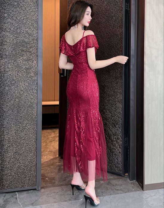 Sequins long banquet dress host temperament evening dress