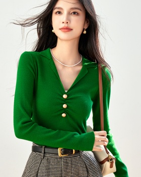 Long sleeve retro lapel tops autumn slim sweater for women