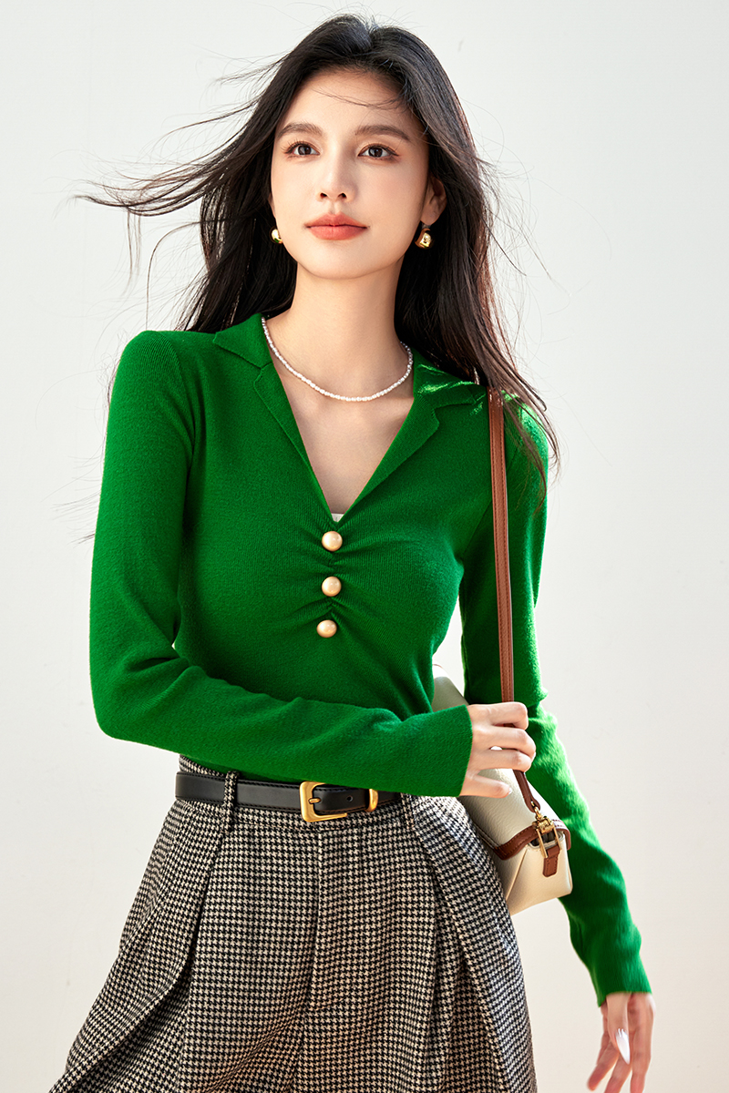 Long sleeve retro lapel tops autumn slim sweater for women