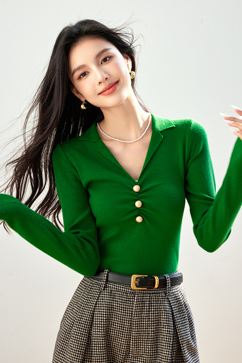 Long sleeve retro lapel tops autumn slim sweater for women