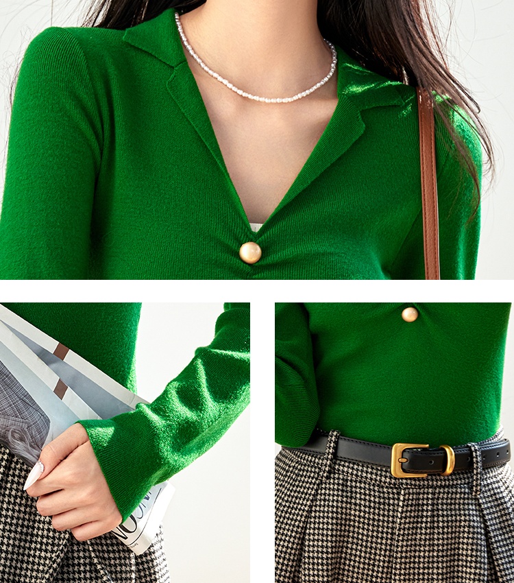 Long sleeve retro lapel tops autumn slim sweater for women