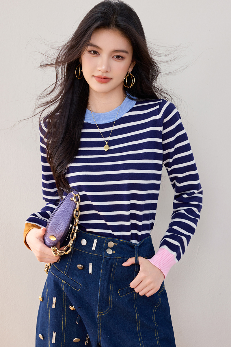 Round neck mixed colors sweater stripe tops for women