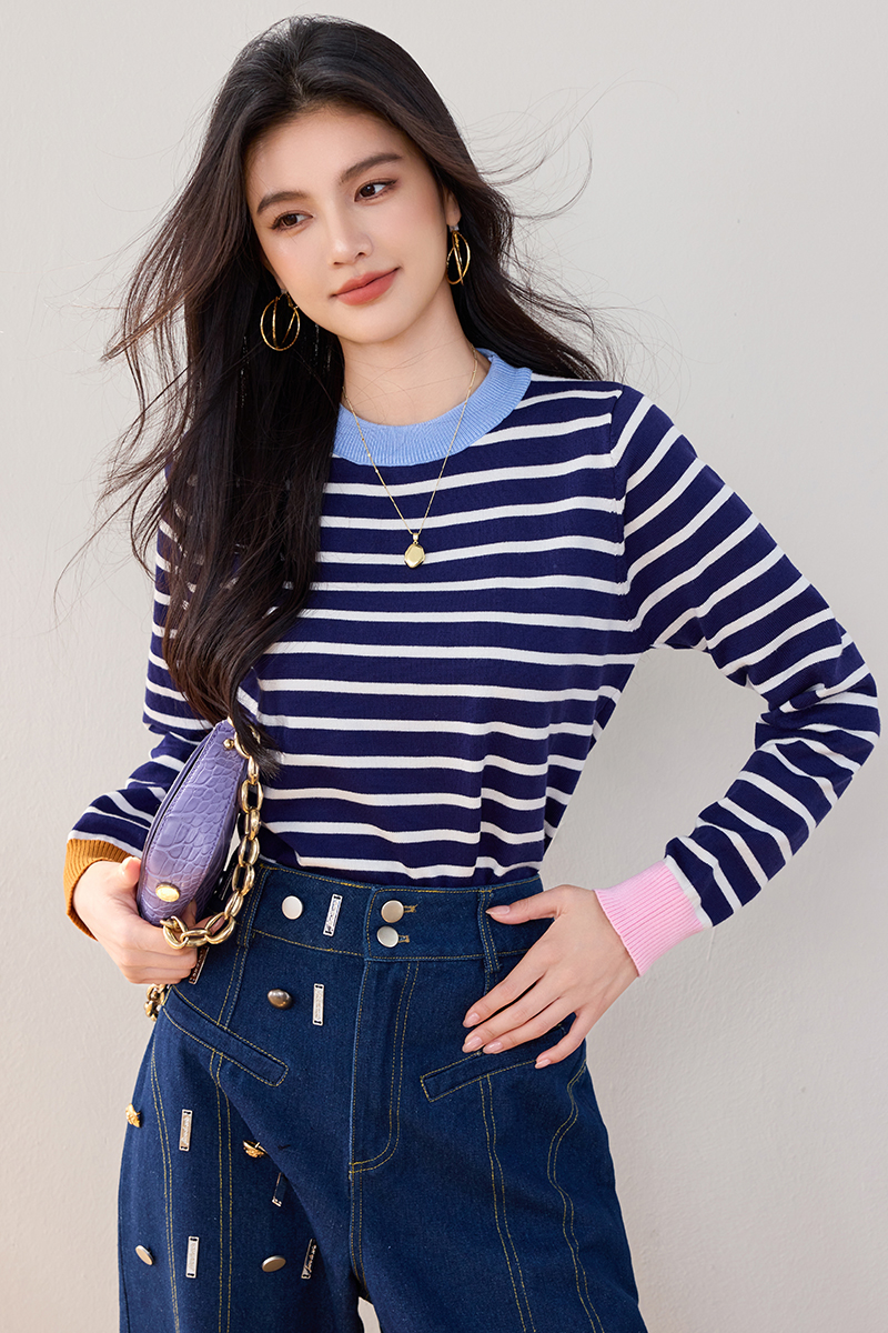 Round neck mixed colors sweater stripe tops for women