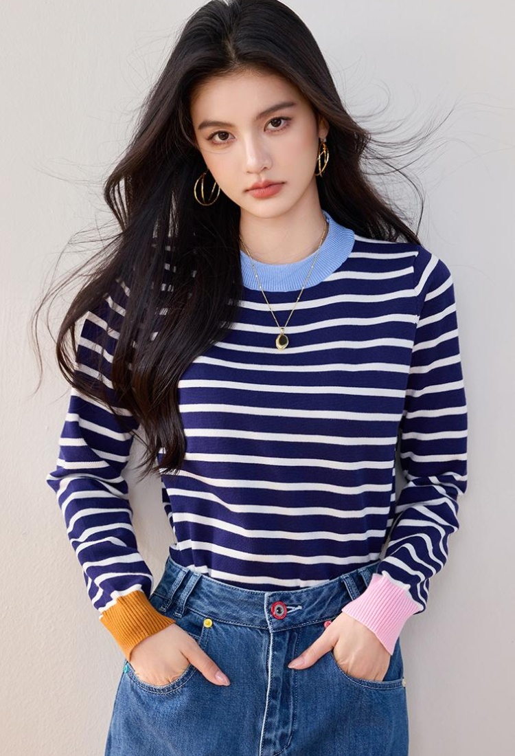 Round neck mixed colors sweater stripe tops for women