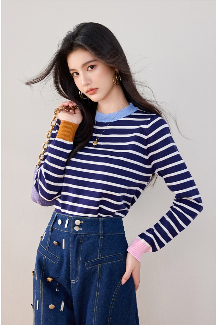 Round neck mixed colors sweater stripe tops for women