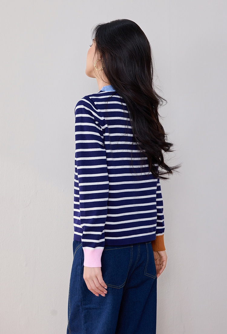 Round neck mixed colors sweater stripe tops for women