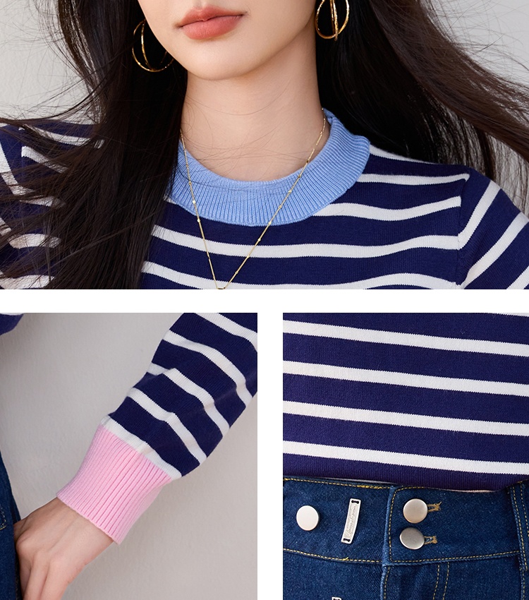 Round neck mixed colors sweater stripe tops for women