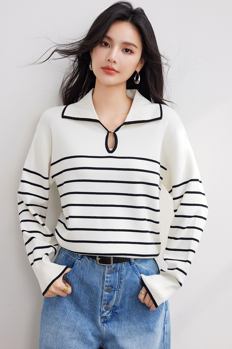 V-neck all-match tops stripe sweater