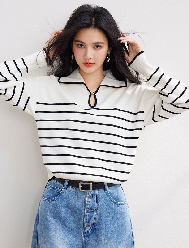 V-neck all-match tops stripe sweater