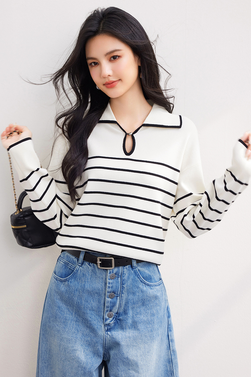 V-neck all-match tops stripe sweater