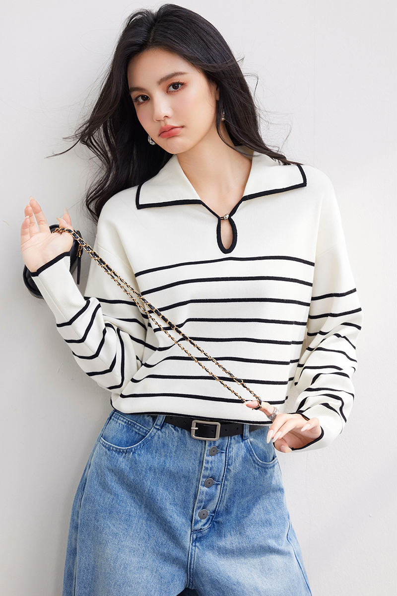 V-neck all-match tops stripe sweater