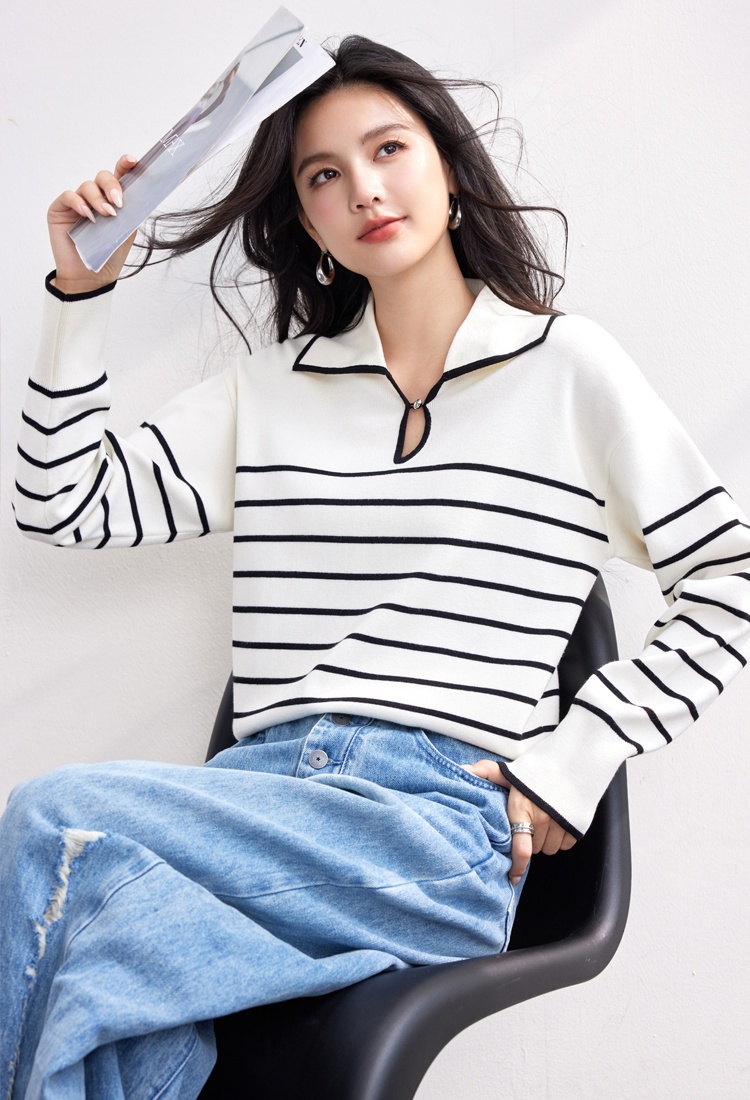 V-neck all-match tops stripe sweater