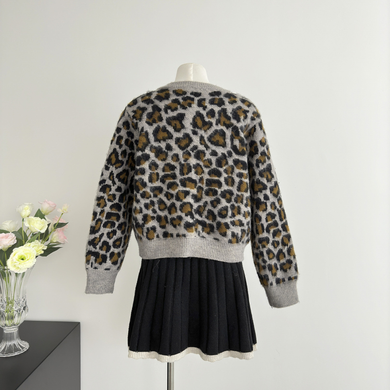 Leopard retro sweater France style tops for women