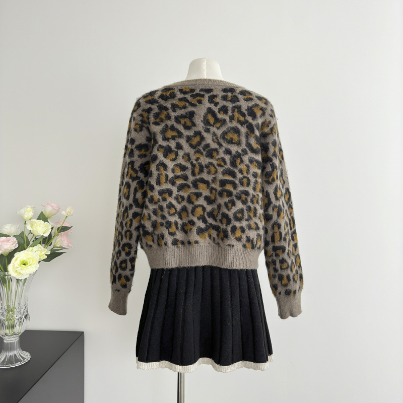 Leopard retro sweater France style tops for women