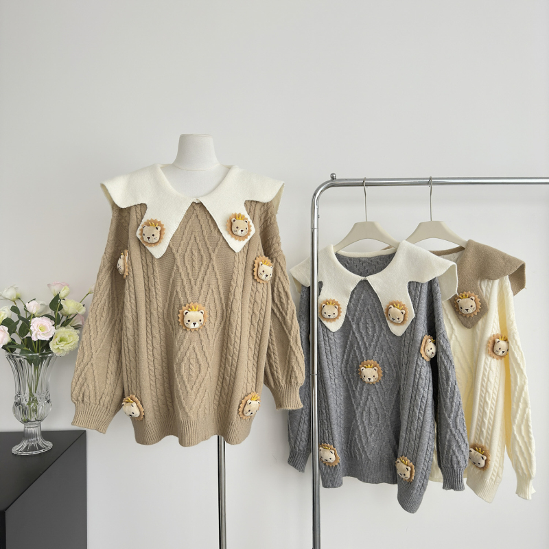 Doll collar stereoscopic loose coat sweet knitted sweater