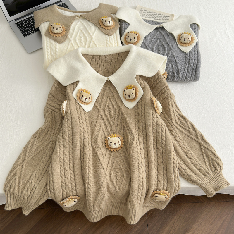 Doll collar stereoscopic loose coat sweet knitted sweater