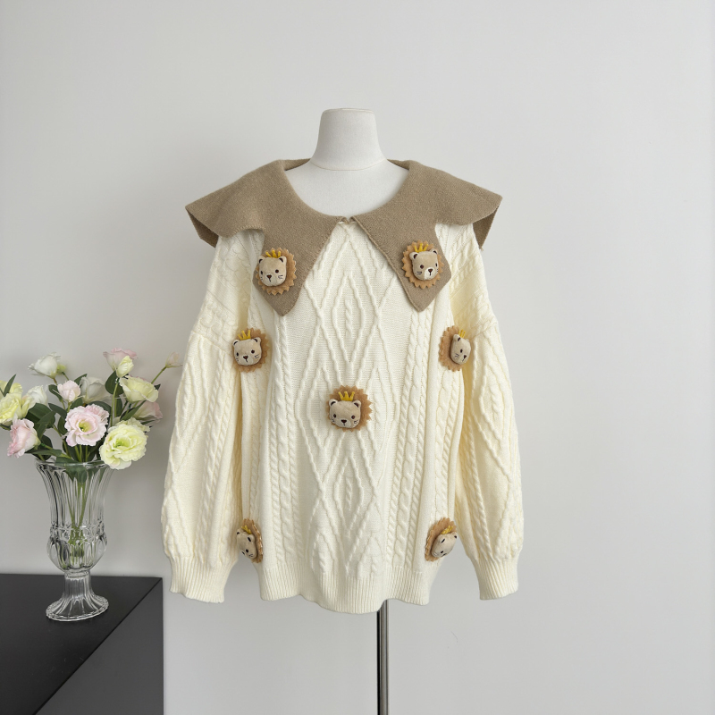 Doll collar stereoscopic loose coat sweet knitted sweater