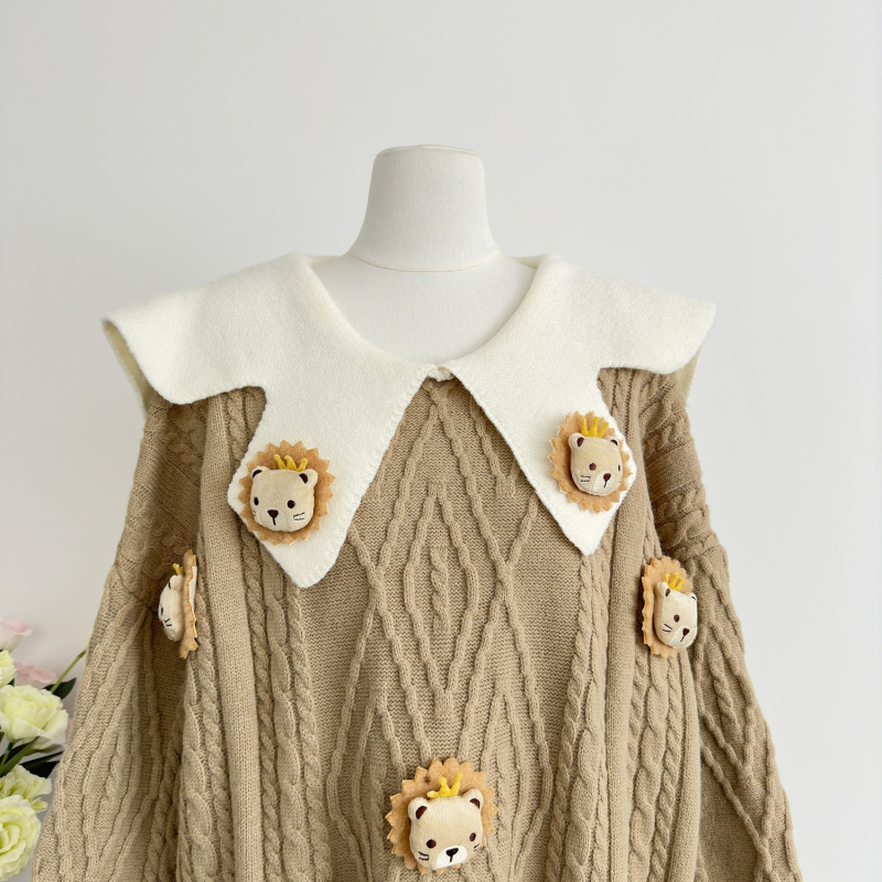 Doll collar stereoscopic loose coat sweet knitted sweater