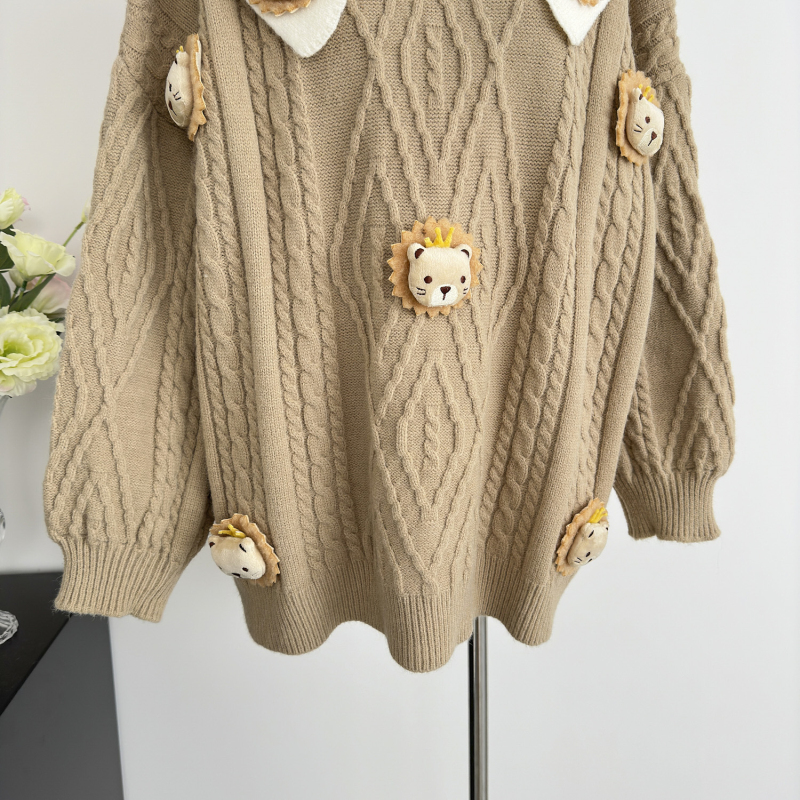 Doll collar stereoscopic loose coat sweet knitted sweater