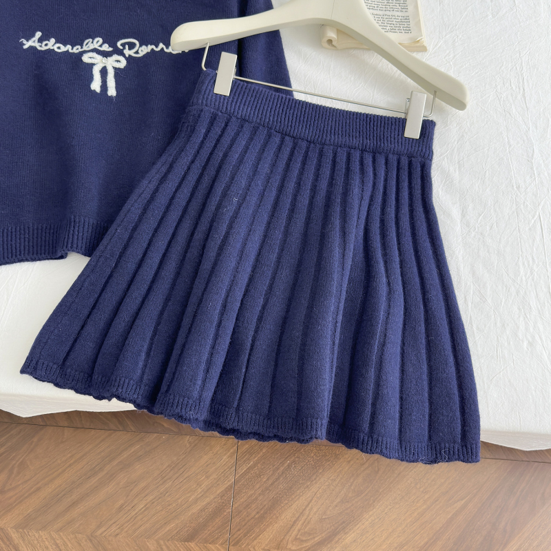 Round neck sweater pullover short skirt 2pcs set