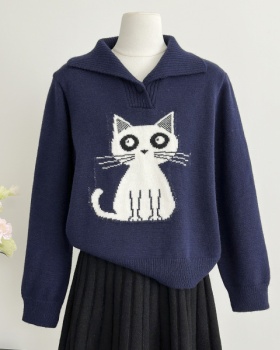 Jacquard kitty sweater college style coat for women