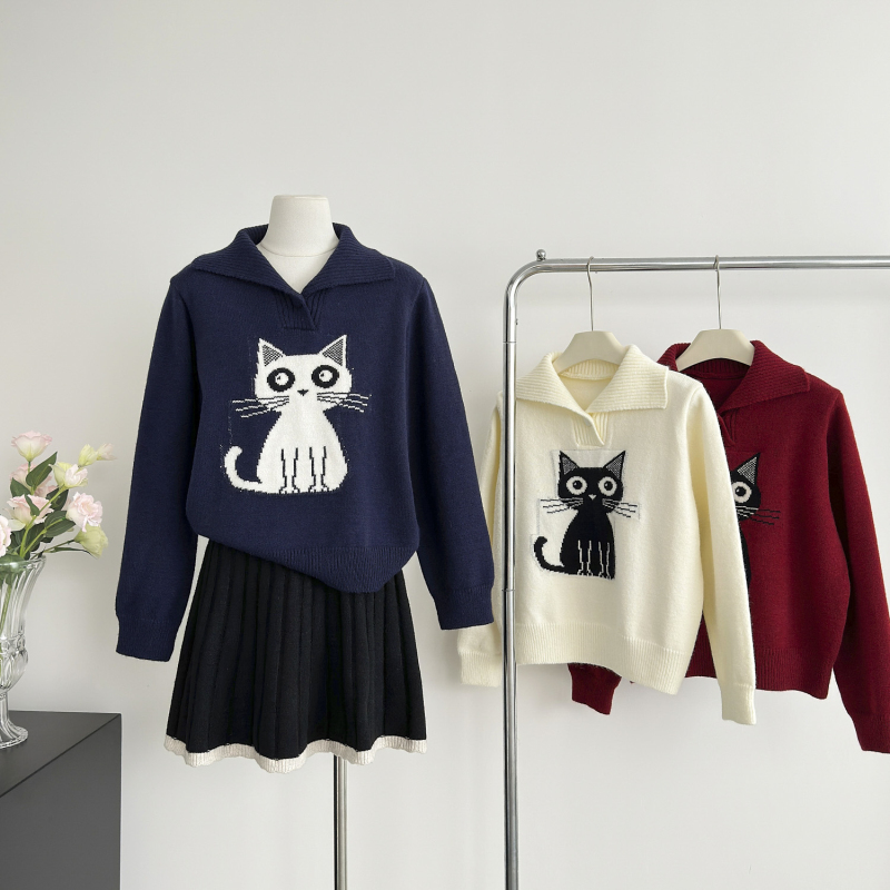 Jacquard kitty sweater college style coat for women