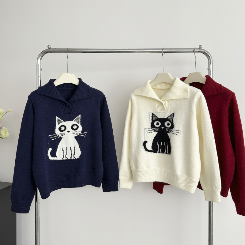 Jacquard kitty sweater college style coat for women