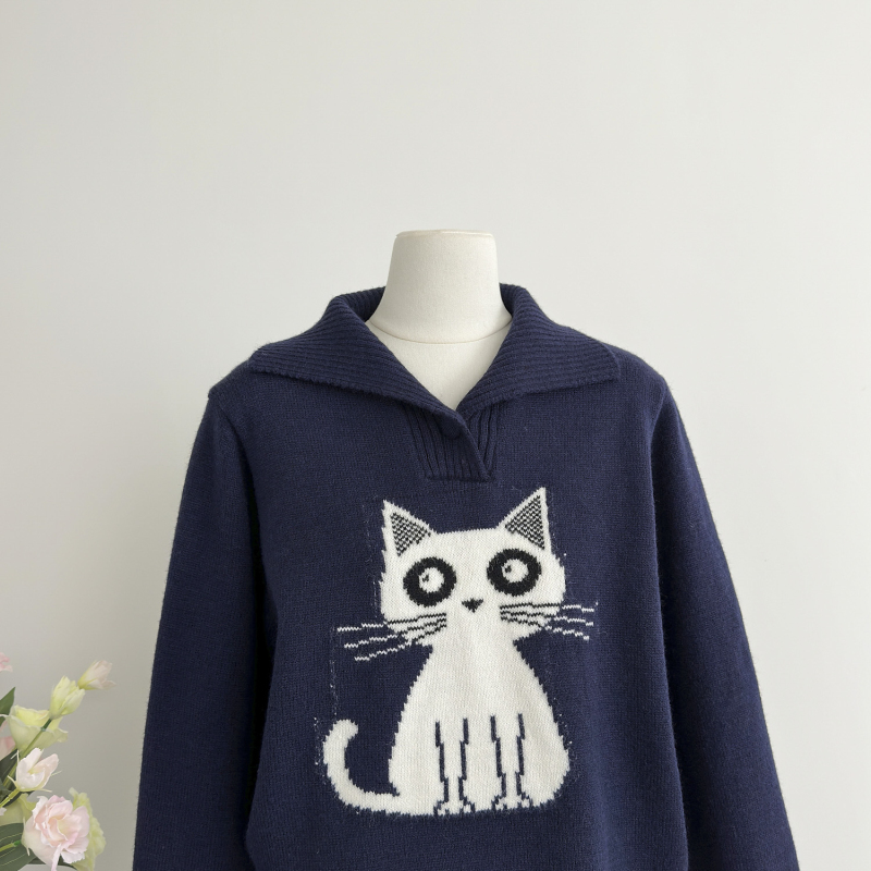 Jacquard kitty sweater college style coat for women