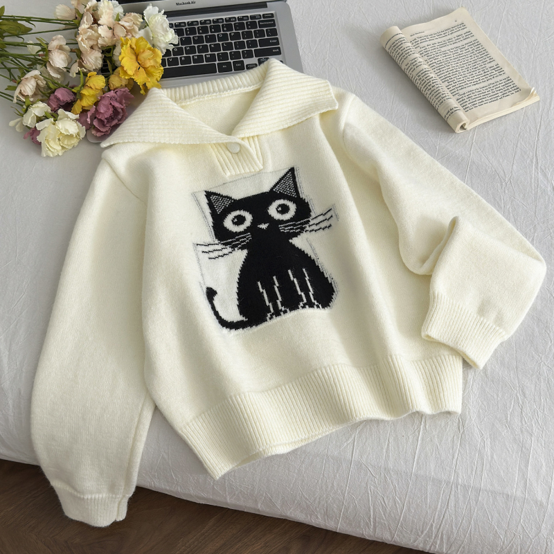 Jacquard kitty sweater college style coat for women