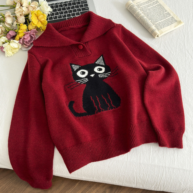 Jacquard kitty sweater college style coat for women