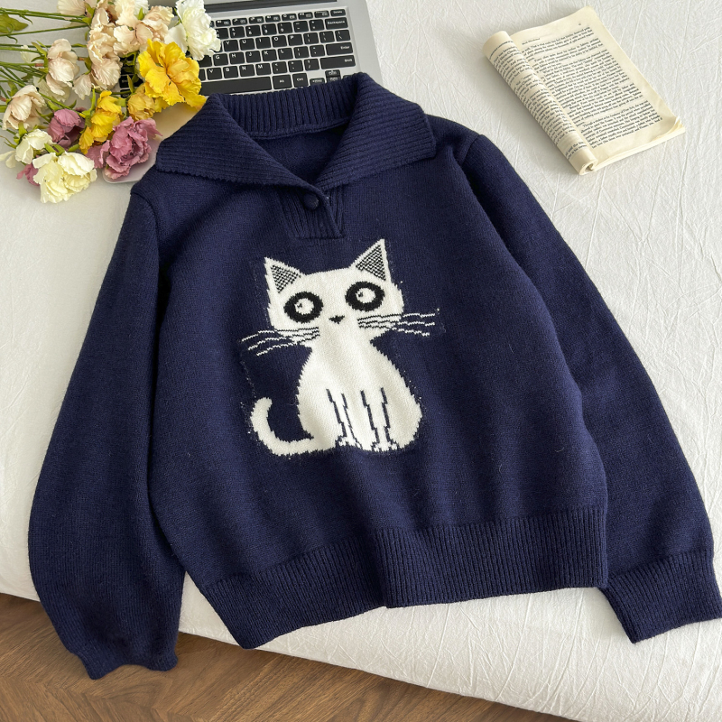 Jacquard kitty sweater college style coat for women