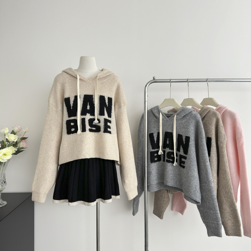 Loose jacquard sweater letters hooded tops for women