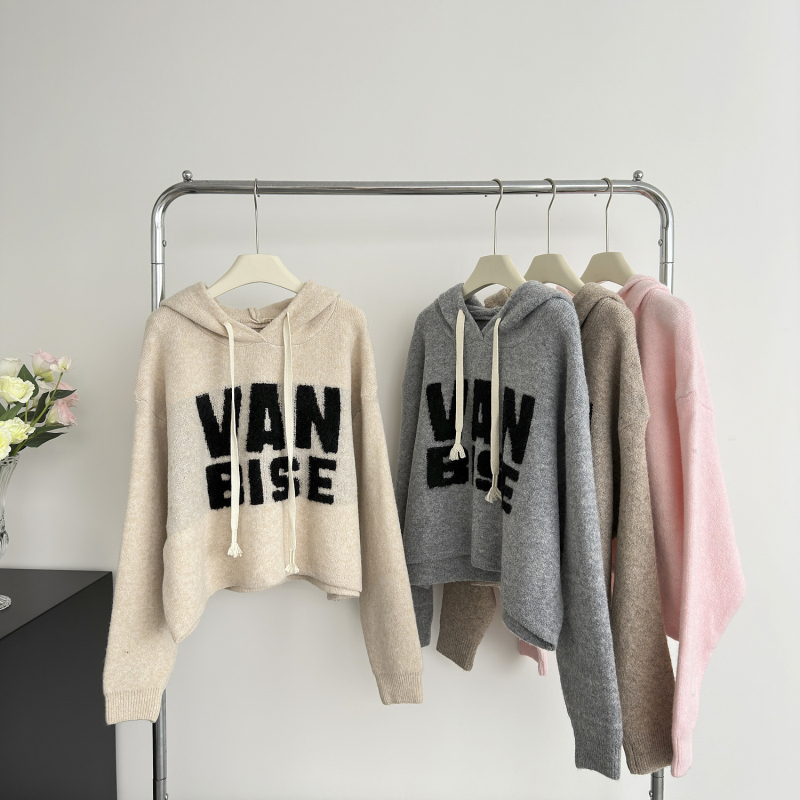 Loose jacquard sweater letters hooded tops for women