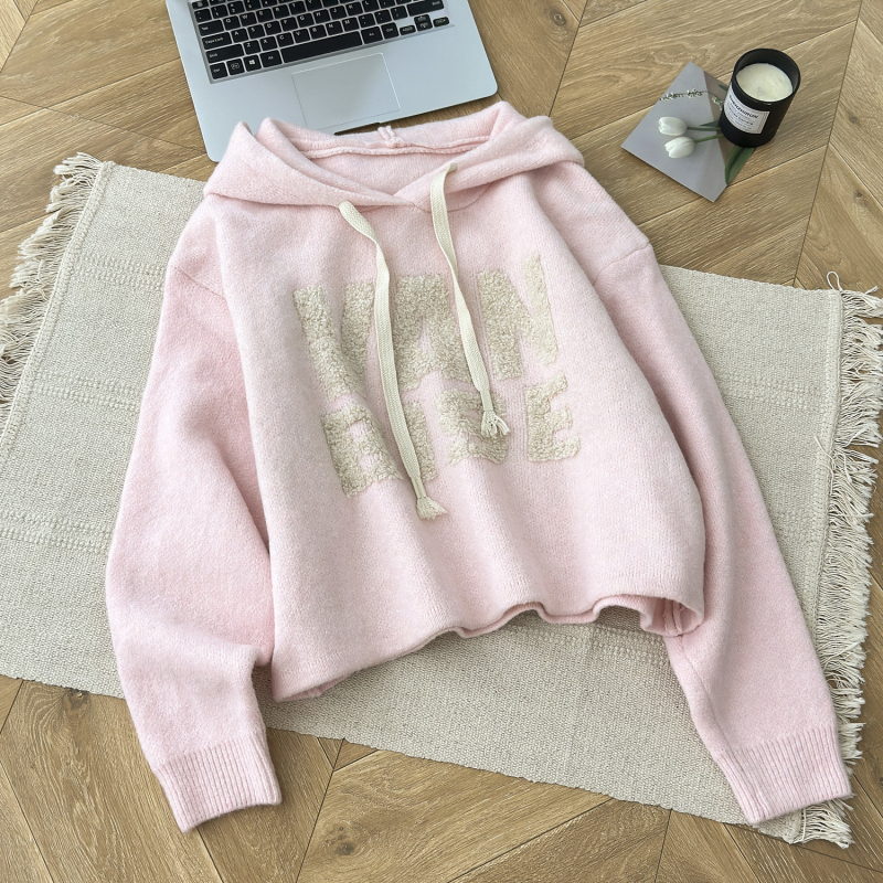 Loose jacquard sweater letters hooded tops for women