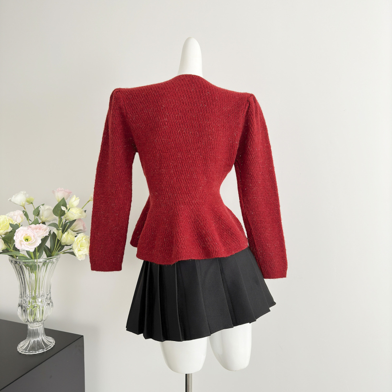 A-line pinched waist sweater petal hem cardigan