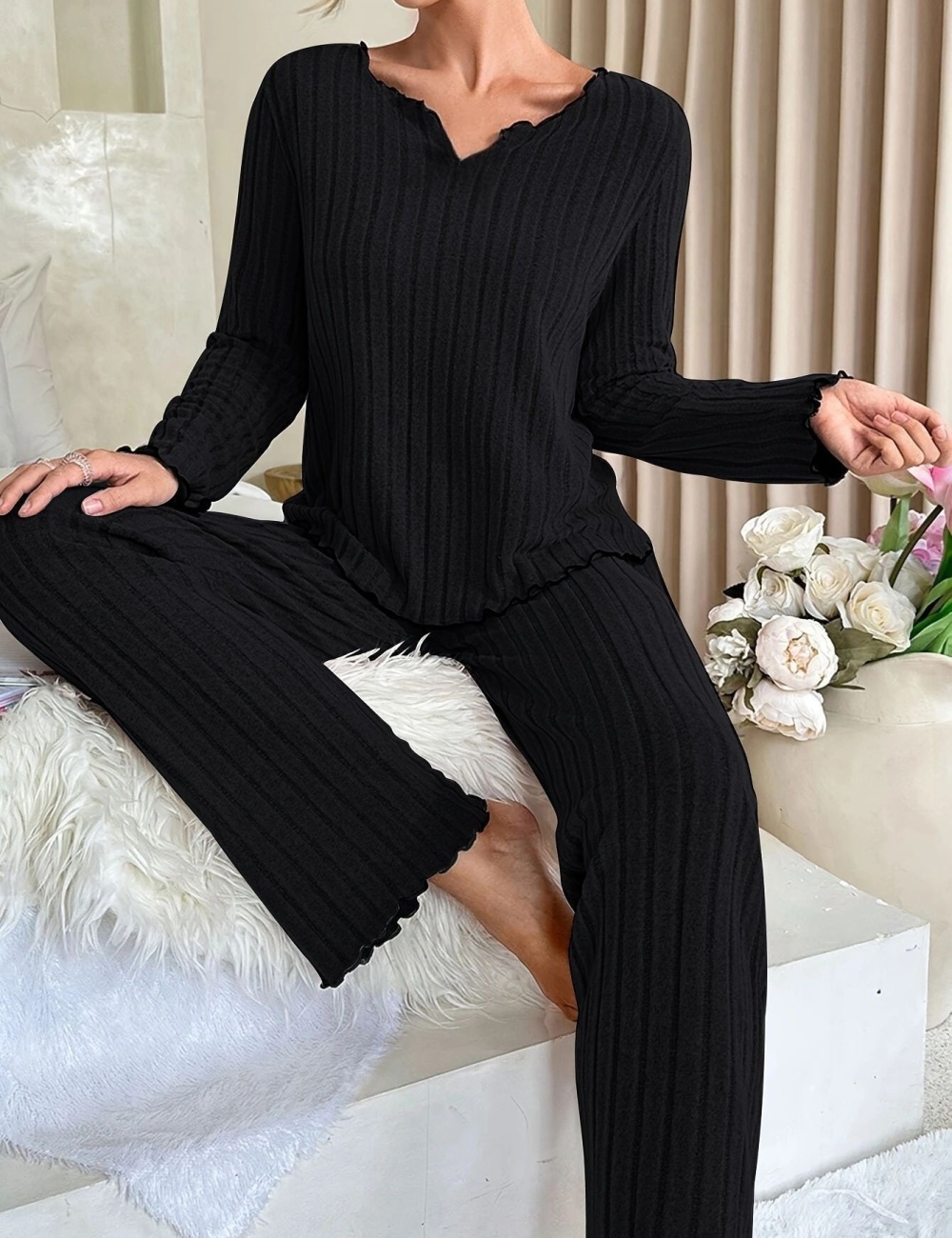 European style at home pit stripe pajamas 2pcs set for women