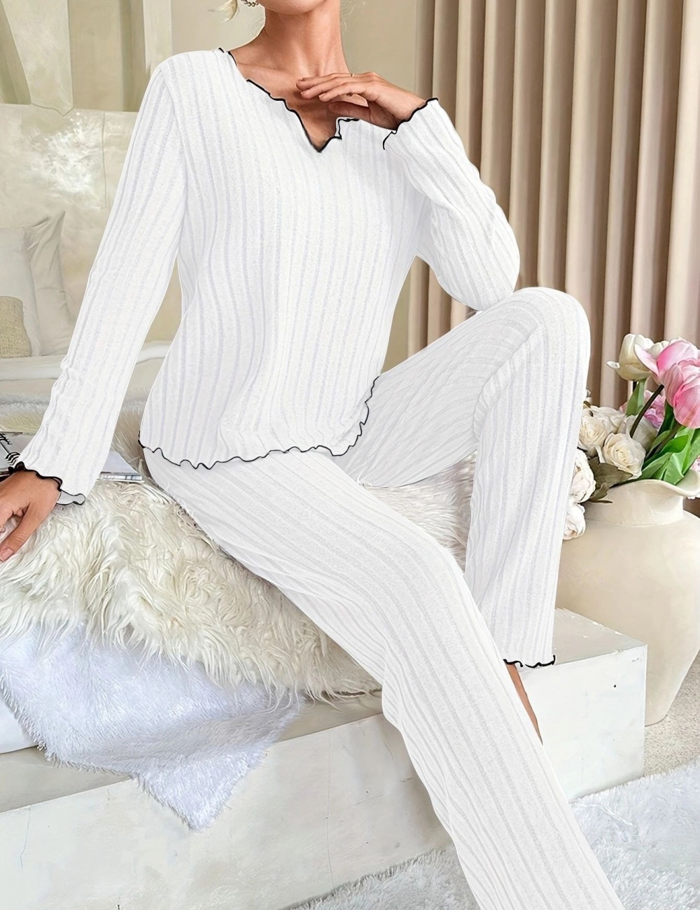 European style at home pit stripe pajamas 2pcs set for women