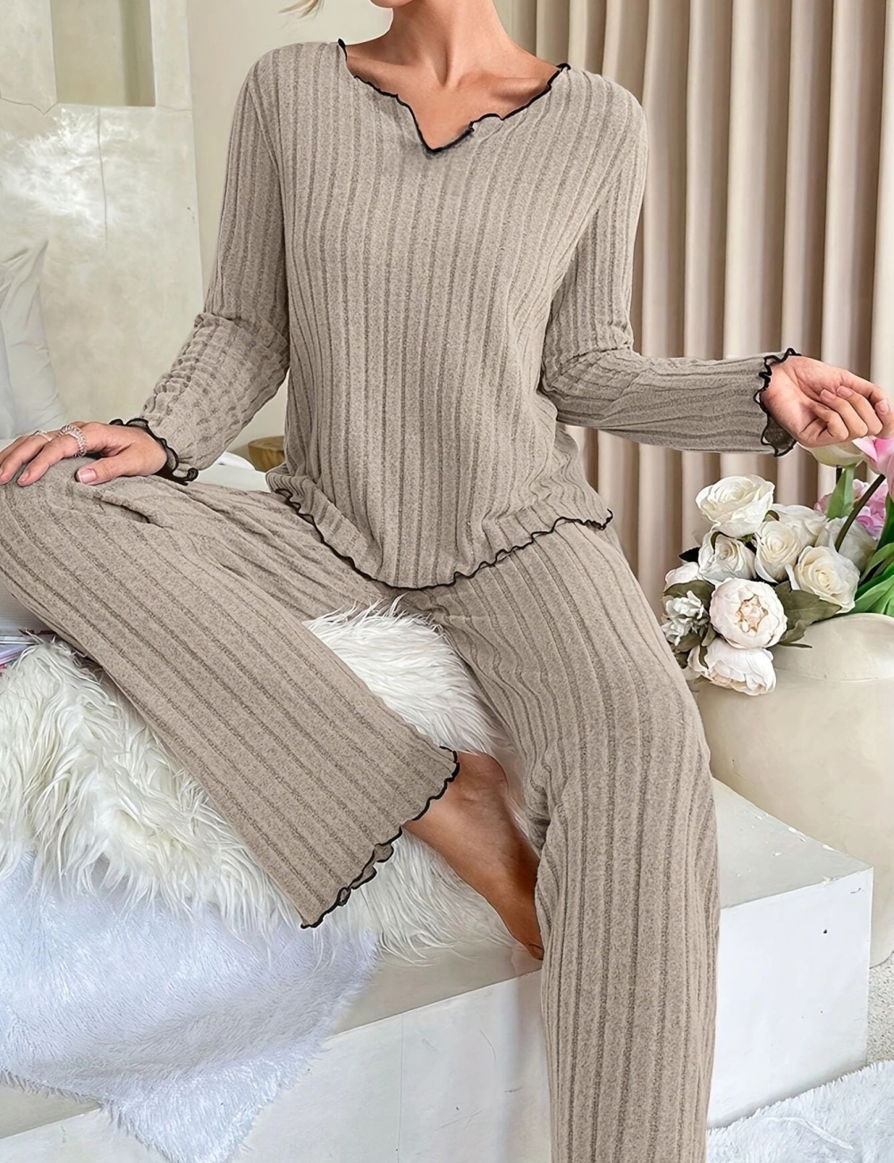 European style at home pit stripe pajamas 2pcs set for women