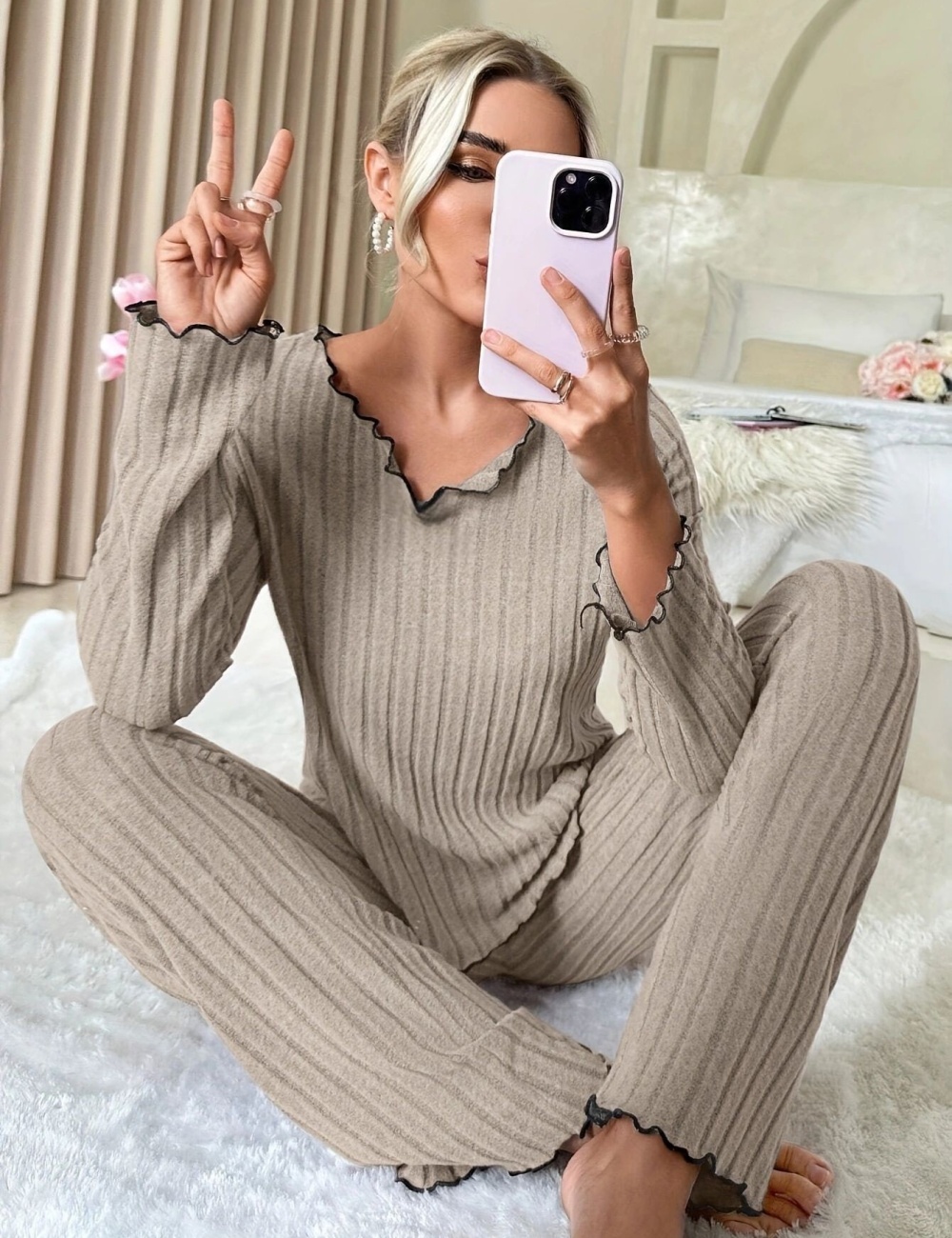 European style at home pit stripe pajamas 2pcs set for women