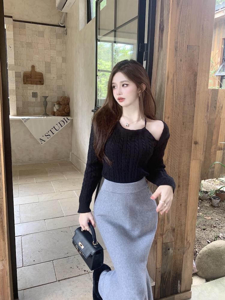 Knitted autumn and winter lazy Pseudo-two sweater for women