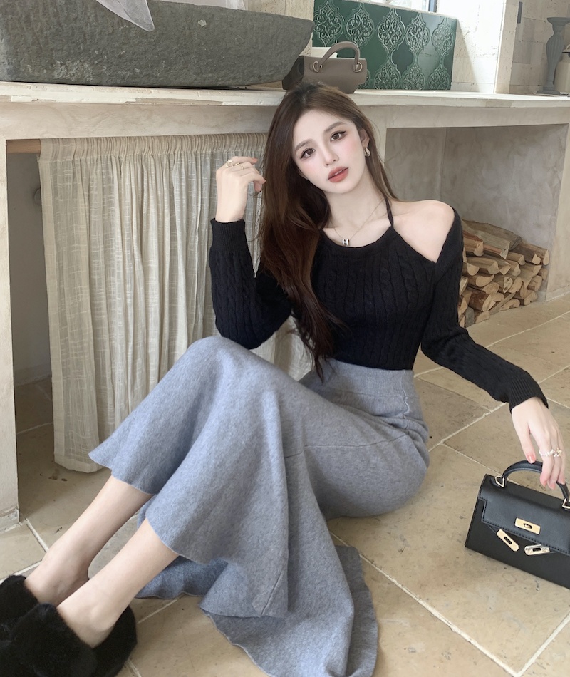 Knitted autumn and winter lazy Pseudo-two sweater for women