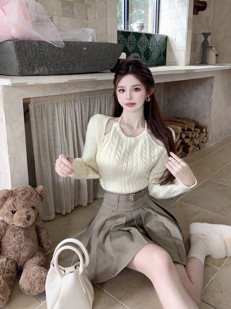 Knitted autumn and winter lazy Pseudo-two sweater for women