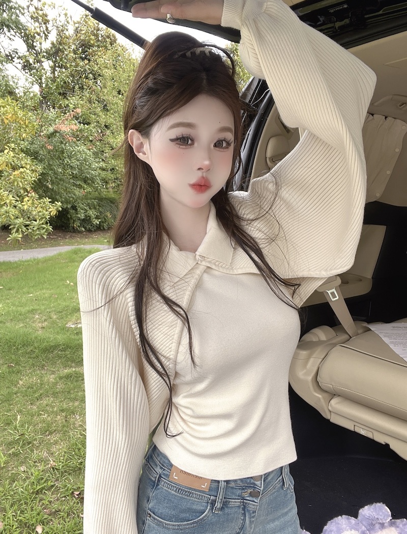 Autumn lapel vest knitted cardigan 2pcs set for women