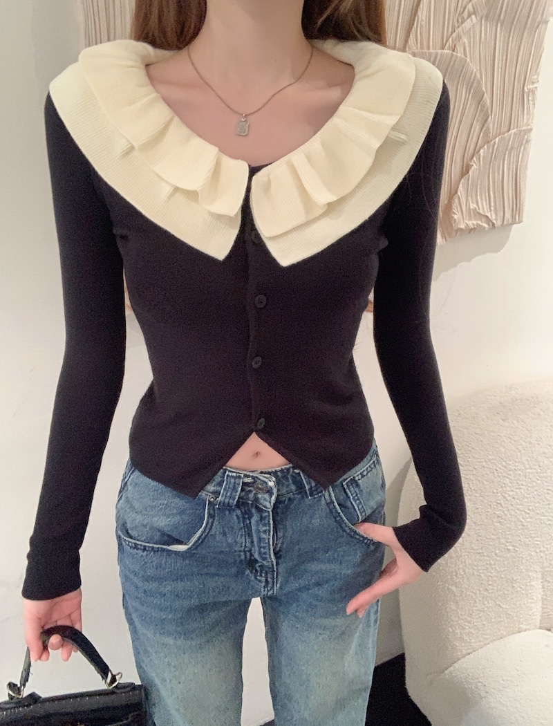 All-match lotus leaf edges cardigan stripe sweater for women