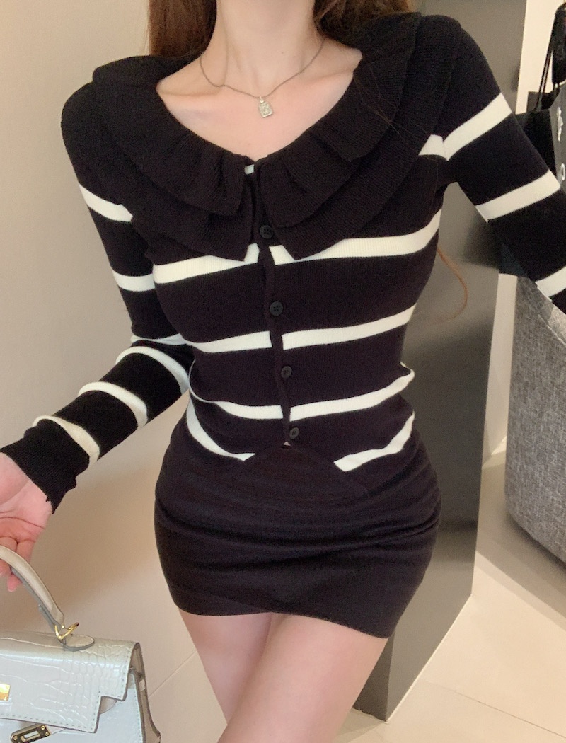 All-match lotus leaf edges cardigan stripe sweater for women