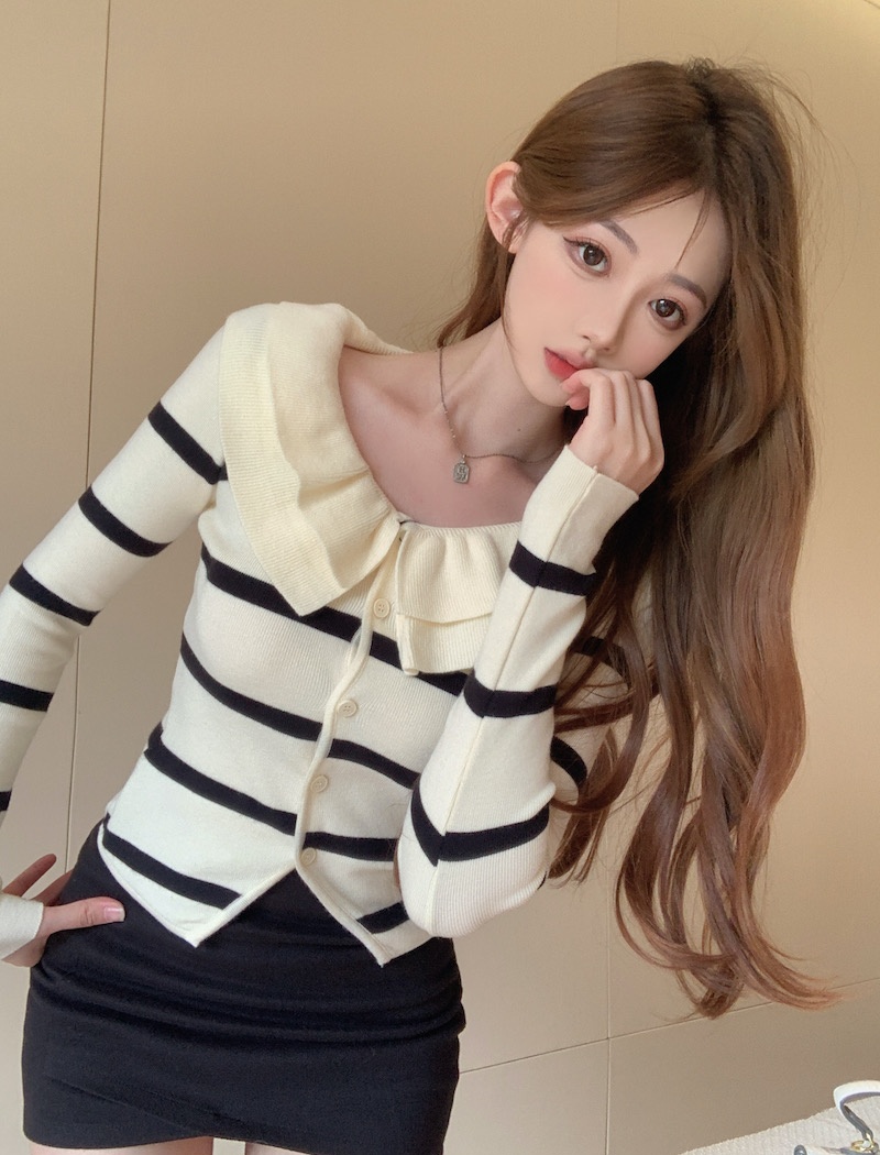 All-match lotus leaf edges cardigan stripe sweater for women