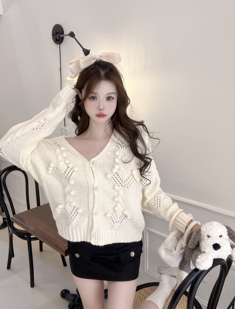 V-neck France style coat knitted tops for women