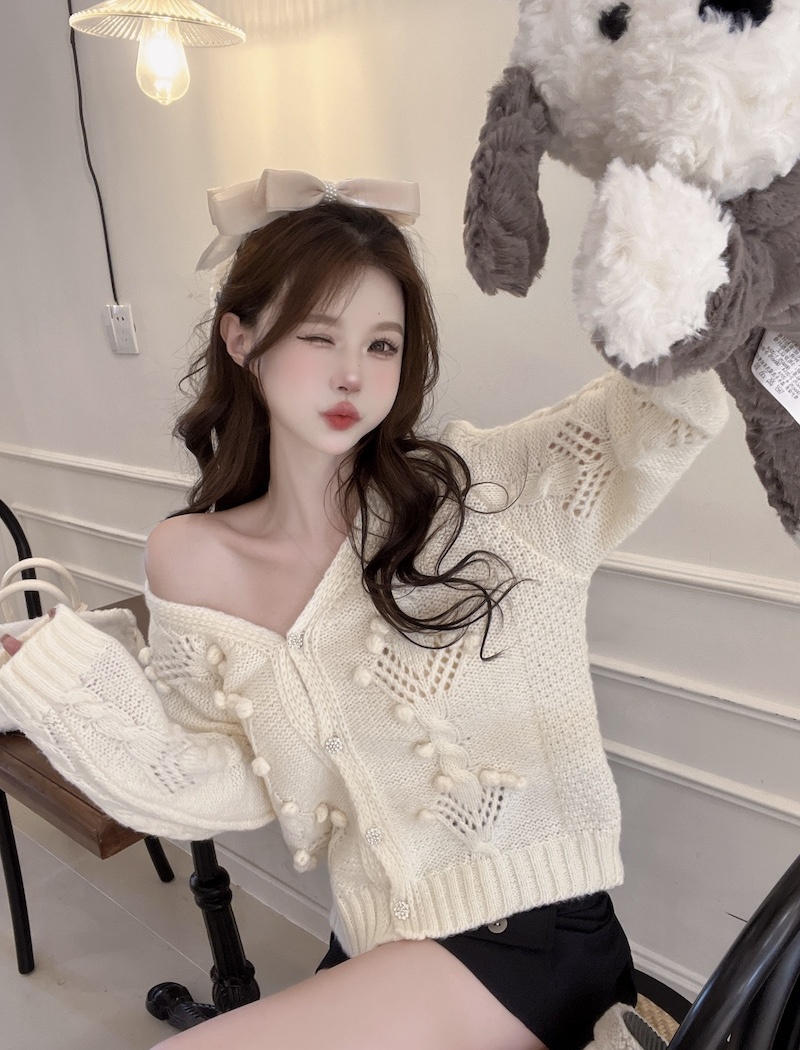 V-neck France style coat knitted tops for women